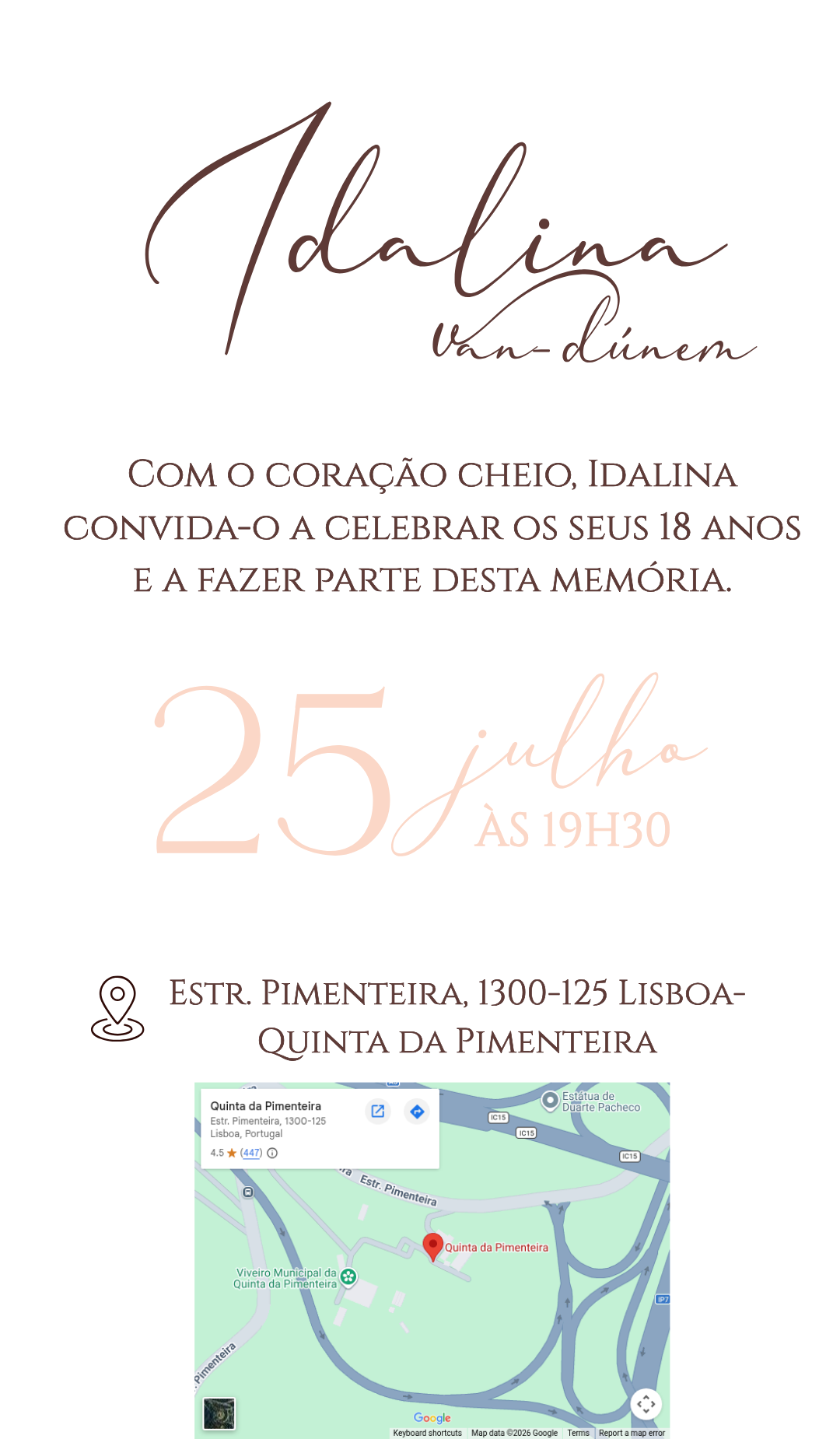 Bloco inicial com data, endereço e mapa do convite de Idalina